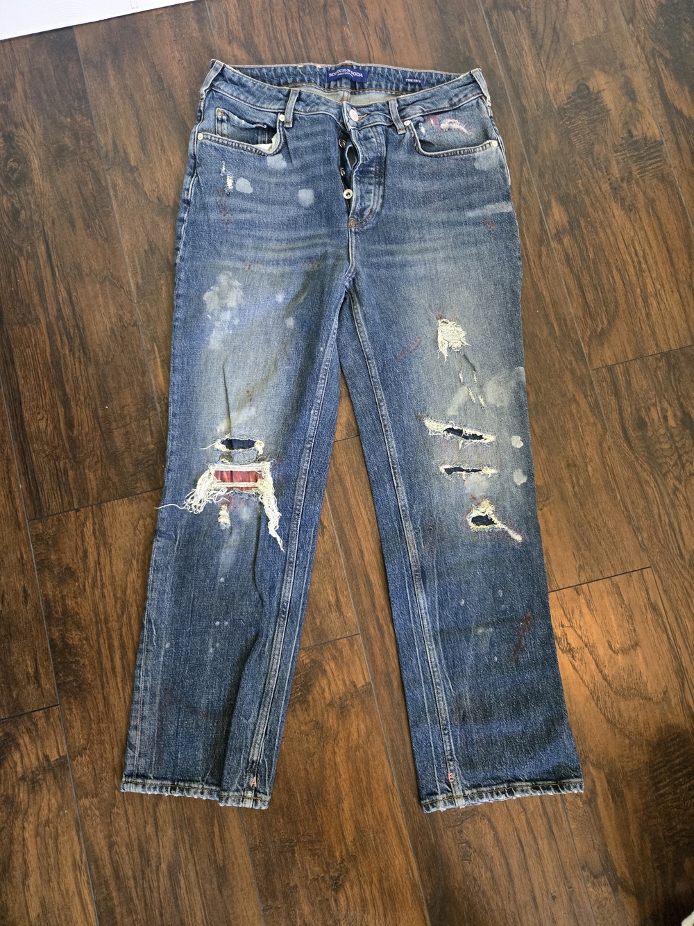 Scotch & Soda Distressed Straight Leg Jeans in Blue with Red Accent